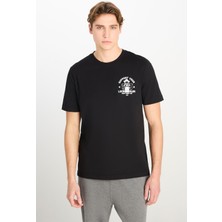 %100 Pamuk Regular Fit Normal Kesim Bisiklet Yaka Baskılı Siyah Tişört