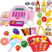 Oyuncak Yazar Kasa Pilli Sesli Barkod Okuyuculu + Market Sepeti + Kesilebilen Meyve Sebze Set