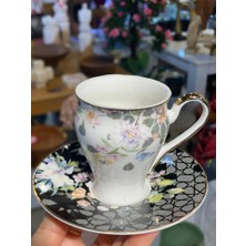 Siyah Çiçek Desenli 6 Kişilik Türk Kahvesi Fincanı