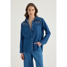 Taş Süslemeli Denim Gömlek