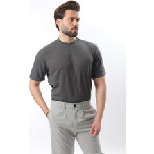 Füme Dokulu Çizgi Tasarım Bisiklet Yaka Erkek T-Shirt E7122