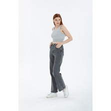 Kar Yıkama Koyu Gri Likralı Süper Yüksek Bel Wide Leg Salaş Jeans Palazzo Kot Pantolon