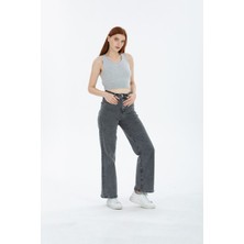 Kar Yıkama Koyu Gri Likralı Süper Yüksek Bel Wide Leg Salaş Jeans Palazzo Kot Pantolon