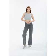 Kar Yıkama Kar Gri Likralı Süper Yüksek Bel Wide Leg Salaş Jeans Palazzo Pantolon