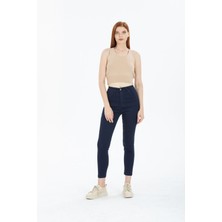 Koyu Mavi Yüksek Bel Toparlayıcı Dar Paça Skinny Power Likralı Kot Pantalon