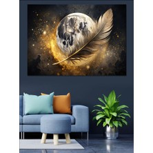 Kuş Tüyü ve Dolunay Dekoratif Kanvas - Mdf Ahşap Tablo