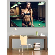Bilardo Oynayan Jartiyerli Kadın Dekoratif Kanvas - Mdf Ahşap Tablo