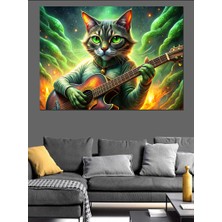Gitar Çalan Uzaylı Kedi Dekoratif Kanvas - Mdf Ahşap Tablo
