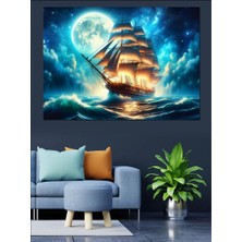 Okyanustaki Gemi ve Dolunay Dekoratif Kanvas - Mdf Ahşap Tablo
