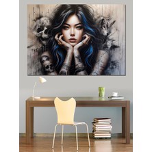 Dövmeli Kadın Kurukafa ve Kurt Dekoratif Kanvas - Mdf Ahşap Tablo