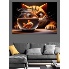 Kedi ve Akvaryum Balığı Dekoratif Kanvas - Mdf Ahşap Tablo