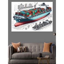 Konteyner Gemisi Teknik Çizimi Dekoratif Kanvas - Mdf Ahşap Tablo