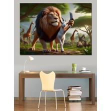 Selfie Çekilen Aslan ve Keçi Dekoratif Kanvas - Mdf Ahşap Tablo