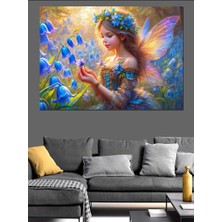 Peri Kız ve Mavi Çiçekler Dekoratif Kanvas - Mdf Ahşap Tablo