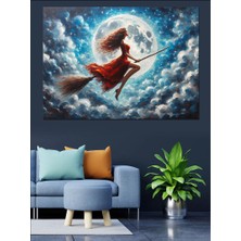 Süpürgeyle Uçan Cadı Kız Dekoratif Kanvas - Mdf Ahşap Tablo