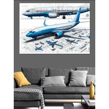 Mavi Uçak Çizimi Dekoratif Kanvas - Mdf Ahşap Tablo