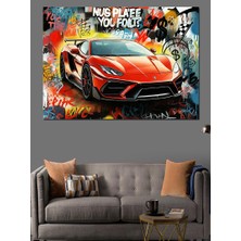 Grafitili Kırmızı Spor Araba Dekoratif Kanvas - Mdf Ahşap Tablo