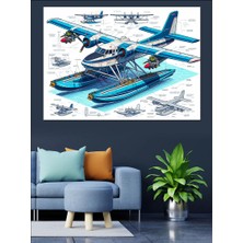 Deniz Uçağı Teknik Çizimi Dekoratif Kanvas - Mdf Ahşap Tablo