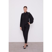 Siyah Omuz Fırfır Taş Işleme Detaylı Ikiili Takım