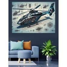 Teknik Helikopter Çizimi Dekoratif Kanvas - Mdf Ahşap Tablo