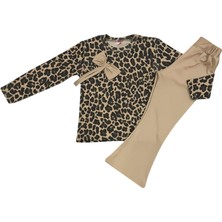 Leopar Desenli Fiyonklu Üst ve Taşlı Pantolon Takımı (3-10 Yaş)