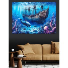 Denizin Altındaki Gemi Enkazı ve Balıklar Dekoratif Kanvas - Mdf Ahşap Tablo