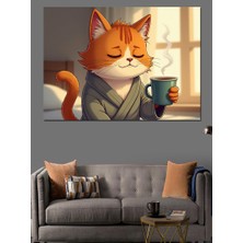 Kahve Içen Kedi Figürü Dekoratif Kanvas - Mdf Ahşap Tablo