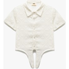 Koton Bağlama Detaylı Brodeli Kısa Kollu Gömlek Yaka Bluz