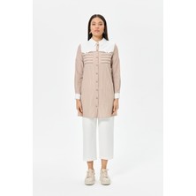 Kombin Detaylı Çizgili Tunik  Vizon