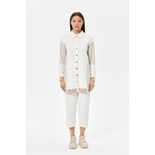 Çizgili Gofre Detaylı Giy Çık Tunik  Ekru