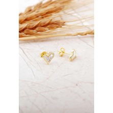 Sümer Telkari Sedef Taşlı Altın Kaplama Kalp Mini Gümüş Küpe 7274