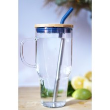 Caga Home  Bambu Kapaklı Renkli Çelik Pipetli Bardak Cam Termos Big Mug Büyük Boy Cam Kupa 1000 ml