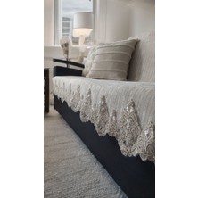 Dantelli Çekyat Koltuk Örtüsü Lüks Mode Süngerli Kaymaz Taban Kadife Çizgili