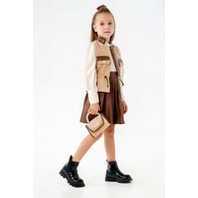 Miniğimin Cicileri Inci Çantalı Deri Etekli Kravat Detaylı Kız Çocuk 4 lü takım - Krem