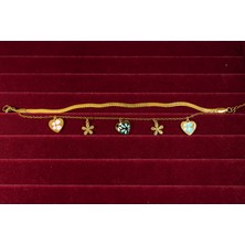 Lunareya Bijuteri 14K Renkli Çelik Italyan Dövme Çift Zincirli Papatya ve Kalpli Kadın Bileklik