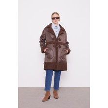 Kahve Düğme Kapamalı Yün Astarlı Suni Deri Kaban