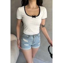 Havuz Yaka Biye Detaylı Crop Bluz
