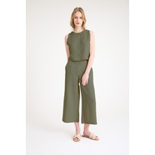 Keten Yazlık Yüksel Bel Capri Pantolon Sırt Detaylı Kolsuz Haki Ikili Takım