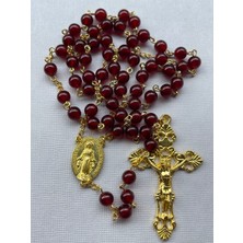 Yada Unique 6 mm Kırmızı Akik Doğal Taş Katolik Hristiyan Tesbih Rosary / Haç Kolye