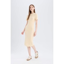 DeFacto Bodycon Vücudu Saran Bisiklet Yaka Fitilli Kaşkorse Kısa Kollu Midi Elbise E6926AX25SP