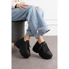 Shoetek Bozhena Kadın Sneakers  Bağcıklı Dolgu Tabanlı Spor Ayakkabı Siyah Deri