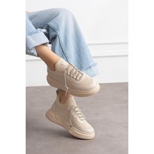 Shoetek Polivya Kadın Sneakers Taşlı Bağcıklı Triko Dokumalı Spor Ayakkabı Bej Deri