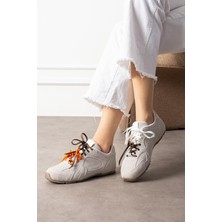 Shoetek Wanca Kadın Sneakers Çift Renk Bağcıklı Spor Ayakkabı Açık Gri Süet