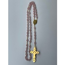 Yada Unique 6 mm Pembe Kuvars Doğal Taş Katolik Hristiyan Rosary Tesbih / Haç Kolye -Sarı Metal