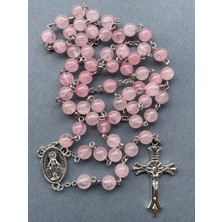 Yada Unique 6 mm Pembe Kuvars Doğal Taş Katolik Hristiyan Rosary Tesbih / Haç Kolye -Gümüş Rengi
