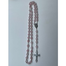 Yada Unique 6 mm Pembe Kuvars Doğal Taş Katolik Hristiyan Rosary Tesbih / Haç Kolye -Gümüş Rengi