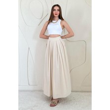 Elbee Fashion Woman Bej Pile Detaylı Kloş Etek