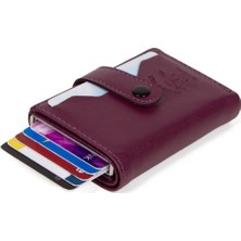 Newish Deri Rfıd Koruyucu Alüminyum Otomatik Mekanizma Kartlık ve Cüzdan NEW068  - Mor