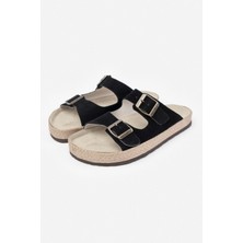 Nişantaşı Shoes Sarrah Siyah  Süet Çift Toka Detaylı Düz Taban Kadın Terlik