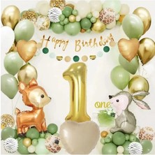 Bkmc Ceylan Tavşan Gold 1 Yaş Folyolu Küf Yeşili Beyaz Balon Zincir Doğum Günü Parti Seti Süsü